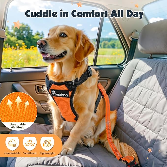 Pawaboo Dog Seat Belt Harness for Car, Dog Car Harness Seatbelt with Double Clips, Adjustable Breathable Pet Vest & Dogs Safety Tether with Elastic Bungee for Small Medium Large Pet, XL, Orange/Black