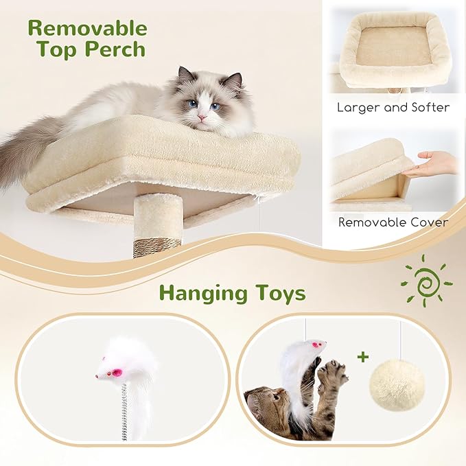 Globlazer Sturdy Cat Tree, 68-inch Large Cat Tower for Indoor Adult Cats 20 lbs Heavy Duty Cat Tree for Big Cats with Extra Large Platform, 5 Scratching Post, S68, Beige