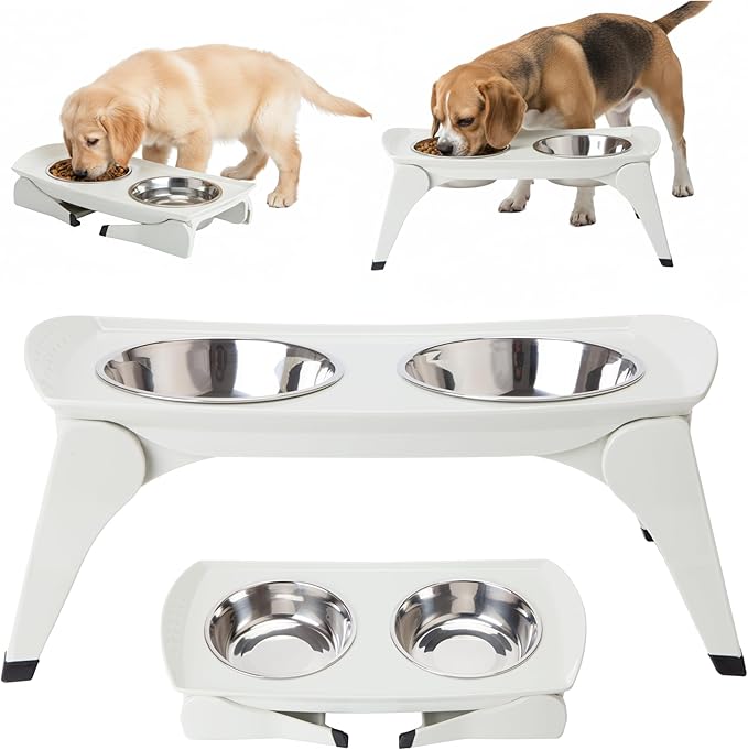 MalsiPree Elevated Dog Bowls - Puppy Adoption Gifts & Cute Puppy Accessories - Raised Feeding Station & Stainless Steel Bowls - Food and Bowls Set - Dog Birthday Gifts for Small Pets - White