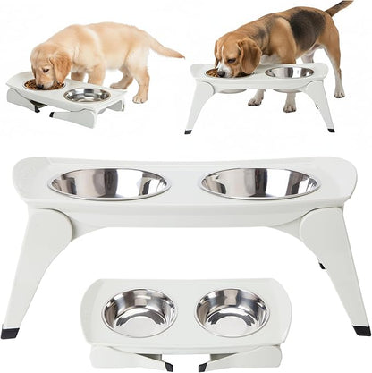 MalsiPree Elevated Dog Bowls - Puppy Adoption Gifts & Cute Puppy Accessories - Raised Feeding Station & Stainless Steel Bowls - Food and Bowls Set - Dog Birthday Gifts for Small Pets - White