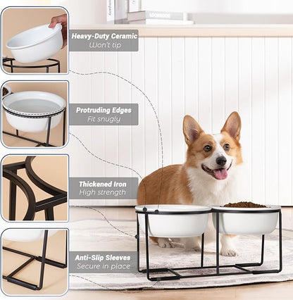 Ceramic Elevated Dog Bowl Set - Raised Food and Water Bowls with Metal Stand - Double Pet Dishes for Small and Medium Dogs - 2 Cups - 27 fl oz - Matte Whit
