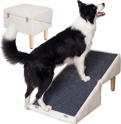 3-in-1 Dog Ramp 18.9"×17.7"×18.9" with Storage – Pet Stairs for Senior & Injured Dogs & Cats, Hidden Storage Footstool, Ottoman Anti-Slip, Supports 220 lbs for Beds & Sofas