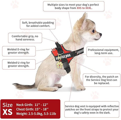 Service Dog Vest, ID Tag 50 ADA Information Cards, Service Dog Harness w Patch in Sizes X Small to XX Large, Metal Dog Tag has Ruggedized Clip, Service Animal Cards, ESA Accessory Set X-Small