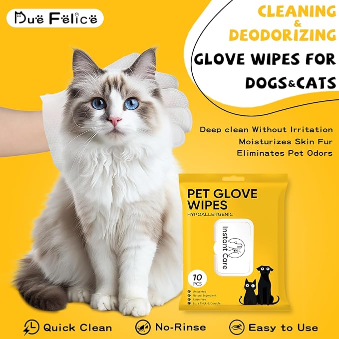 Pet Glove Wipes for Dogs Cats - Unscent Dog Washing Wipes & Waterless Cat Bathing Gloves Cleaning Deodorizing Grooming Wipe for Fur Paws Butt Face, Disposable Rinse Free Shampoo Mittens,10PCS