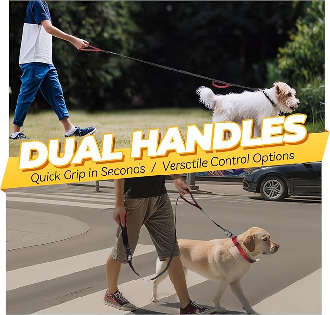 VIVAGLORY Dog Leash Twingrip Double Handle Dog Leash with Traffic Handle Control & 2 Loop for Walking & Training, Reflective Heavy Duty for Puppy Pet Collar, 6ft x 1in, Black