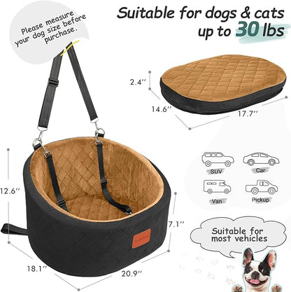 Lealchum Dog Car Seat for Small Dogs Up to 30 Lbs,Ultra Soft Fabric Fill in Comfy Memory Foam,Happy Pet Ride,2 Safety Dog Leashes,Fully Detachable and Washable,Anti Slip Base(Black/Coffee)
