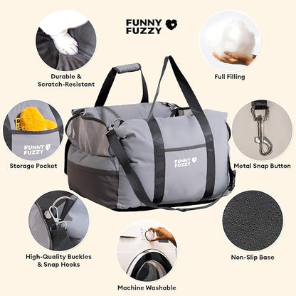 FUNNY FUZZY Waterproof Dog Car Seat for Small & Medium Dogs Up to 35lbs, Detachable & Washable Pet Booster Seat with Leash, Thick Cushion, Storage Pockets & Adjustable Straps (Grey)