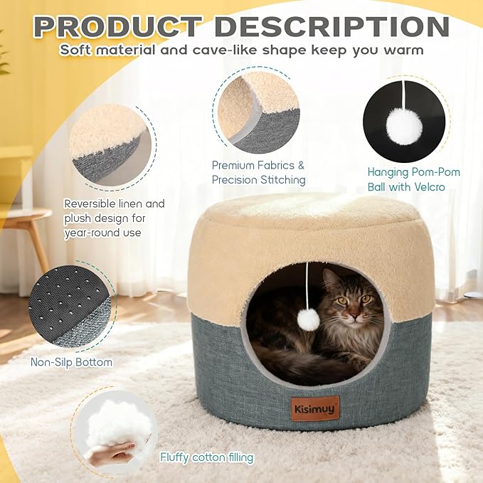 Cat Cave Bed for Indoor Cats, 2-in-1 Convertible Cat House & Lounge with Reversible Plush Cushion – Calming Anti-Anxiety Anti-Slip Pet Bed for Small Dogs & Kittens, Cozy Hideaway Tent, 19.7 inches