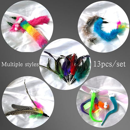AcceLeah Cat Worm Toy Refills Cats Teaser Toys Wand Replacement Cat Wand Attachments 13Pcs Cat Worms and Dragonfly Refill,Cat Wand Toy Assorted Teaser Refills with Bell (13Pcs)