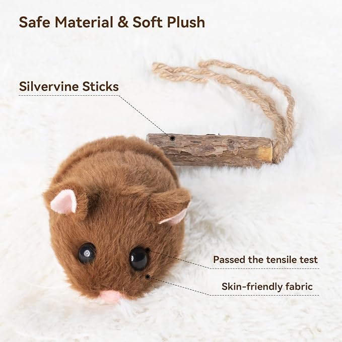 Migipaws Interactive MigiMouse Cat Toy 360° Rolling & Spin with Wiggling Tail for Indoor Cats Smart Motion Sensor, Realistic Squeak, Rechargeable Plush Kitten Toy (Brown)