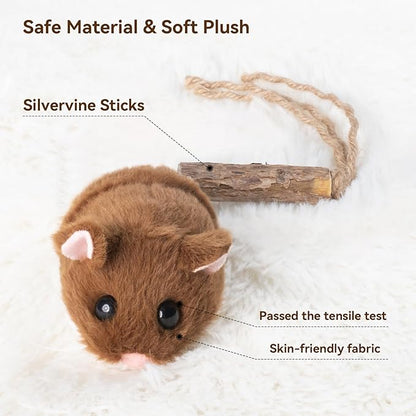 Migipaws Interactive MigiMouse Cat Toy 360° Rolling & Spin with Wiggling Tail for Indoor Cats Smart Motion Sensor, Realistic Squeak, Rechargeable Plush Kitten Toy (Brown)