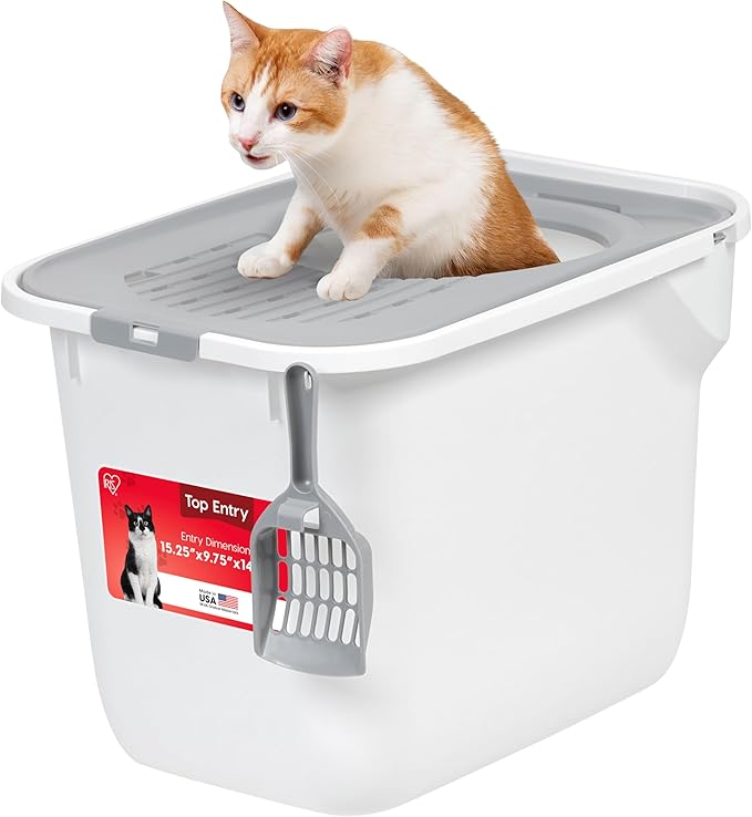 IRIS USA Large Cat Litter Box Top Entry with Lid, Enclosed Litter Box with Litter Catching Lid & Scoop, Covered Cat Litter Box Enclosure for Privacy, High Sided, White/Gray