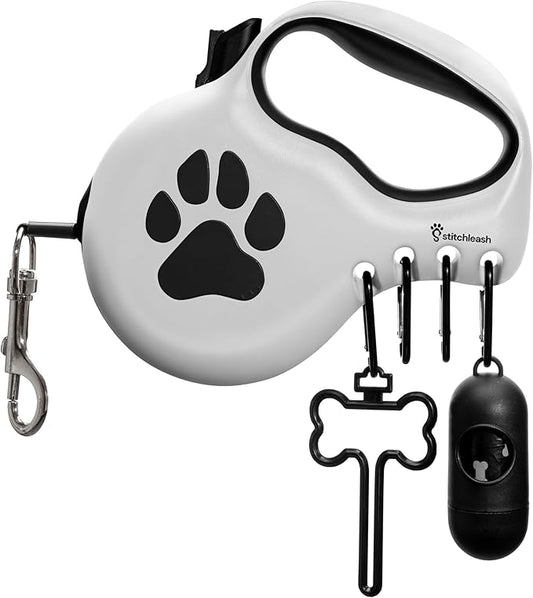 Award-Winning Retractable Dog Leash for Large and Extra Large Dogs (Max 110 lbs) Clip & Go System, Reflective Tape and Ergonomic Handle Includes Clips Poop Bag Holder and Dispenser, White