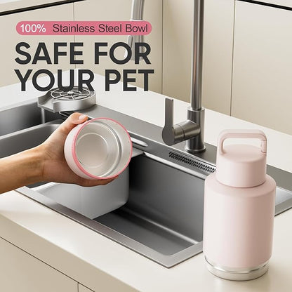 KEWIXY Insulated Dog Water Bottle with Travel Bowl, Dog Lover Gift, Portable Water Bottle Dispenser, Accessories for Car, Hiking, Camping, Outdoor, Leak-Proof, Detachable (Pale Pink)