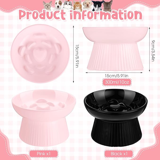 Tioncy 2 Pcs Raised Cat Slow Feeder Bowl Ceramic Elevated Cat Dog Food Bowl No Spill High Edge for Dry Wet Food and Water Easy to Clean, Dishwasher Safe (Black,Pink)