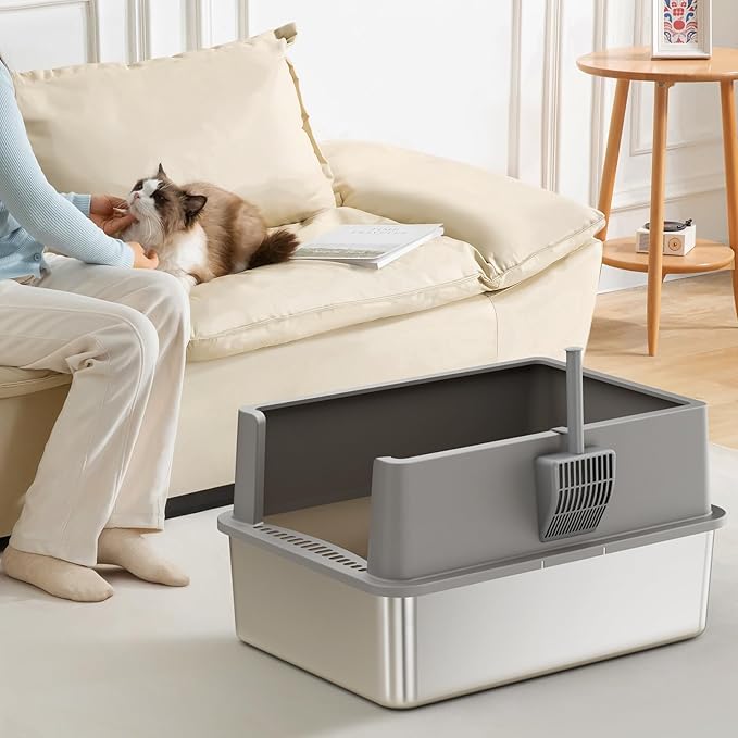 2 Pack 28" Extra Large XXXL Stainless Steel Cat Litter Boxes with Lid Metal Cat Litterbox Pan for Big Cats and Multiple Cats, Anti-Leakage, Easy Cleaning, Include Scoop