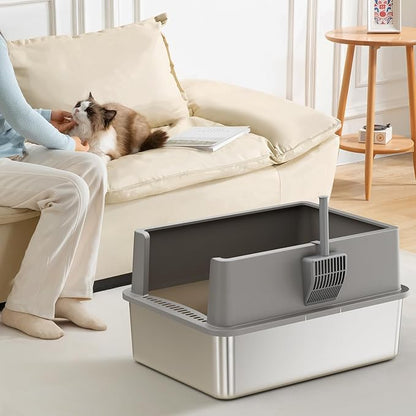 2 Pack 28" Extra Large XXXL Stainless Steel Cat Litter Boxes with Lid Metal Cat Litterbox Pan for Big Cats and Multiple Cats, Anti-Leakage, Easy Cleaning, Include Scoop