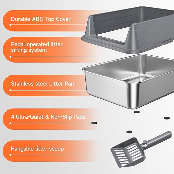 Stainless Steel Cat Litter Box, Odor Free Metal Litter Box with High Sides Lid, Open Top Low Entry Litter Pan Include Scoop Easy Cleaning Anti-Scratch Kitty Cat Box Anti-Urine Leakage, Non-Sticky