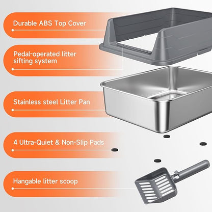 Stainless Steel Cat Litter Box, Odor Free Metal Litter Box with High Sides Lid, Open Top Low Entry Litter Pan Include Scoop Easy Cleaning Anti-Scratch Kitty Cat Box Anti-Urine Leakage, Non-Sticky