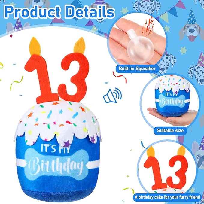 Dog Birthday Cake Toy Accessories for Girl Boy Gifts, Squeaky Plush Toy for Dog Birthday Party Decor Favor for Large, Medium and Small Dogs(13th,Blue)