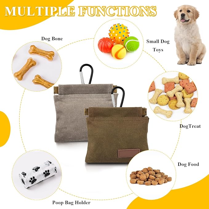 2Pcs Dog Treat Pouches for Pet Training, Hand Free Puppy Dogs Treat Bag with Carabiner, Portable Auto Closing Pet Dog Walking Bag for Travel Outdoor Use, Pets Snack Reward Pocket-Light Brown, Grey