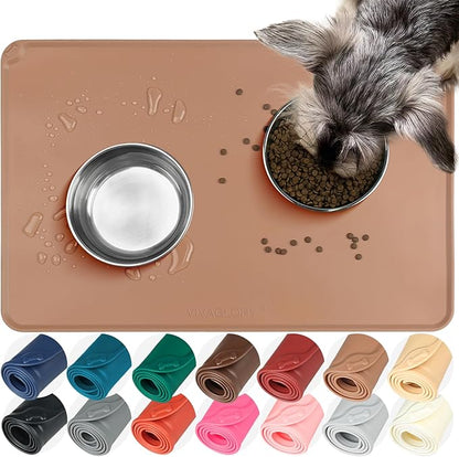 VIVAGLORY Dog Food Mat Flexmat Dog Bowl Mat, Placemat Food Tray with Raised Edges & Lip for Indoor Floor, Non Slip Waterproof Silicone Dish Placemat for Cat & Pet, L, Khaki