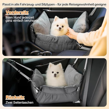 SIVES Dog Car Seat for Small Dogs, Soft Booster Seat Travel Bed with Side Flaps, Non-Slip Base, Seat Belt Straps + Safety Tether, Storage Pocket, Washable Cushion, Recommended Up to 33 lbs, Grey