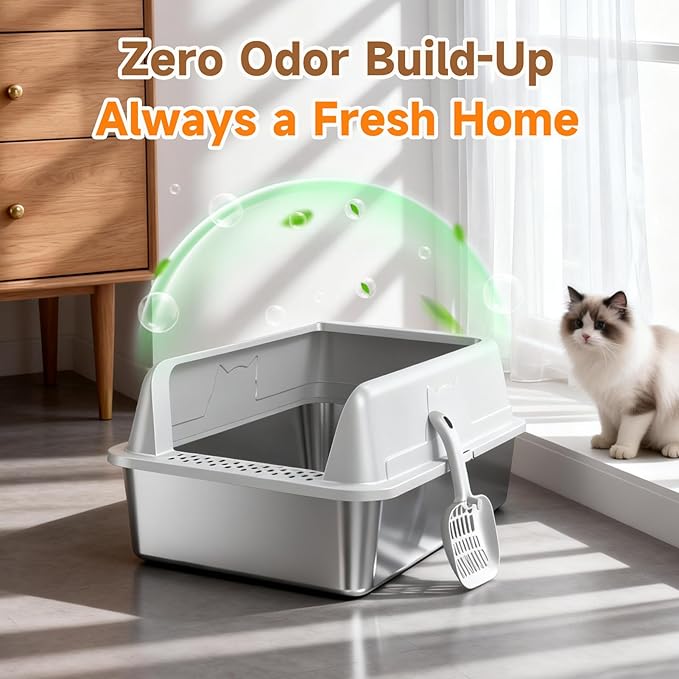 Extra Large Stainless Steel High Sides Cat Litter Box with Scoop, XL 23"X15"X10.3" Metal Odor Resistant Nonstick Easy Clean Kitty Litterbox, Gray