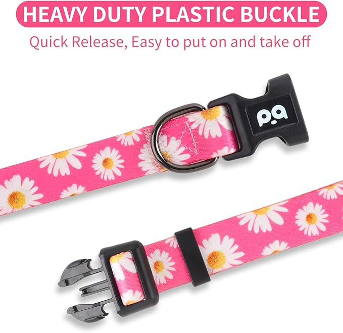 QQPETS Adjustable Soft Dog Collar: Print Flower Pink Multicolor Cute Patterns for XS Small Medium Large Pet Girl Boy Puppy Walking Running Training (L, Small Daisies)