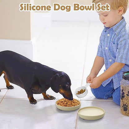 Silicone Dog Bowl Set of 2 Flat Puppy Food & Water Dish Less Mess Cat Dry Food Plates with Suction Cup Non-Tippable Feeding Bowls for Small & Medium-Sized Pets (Round Beige)