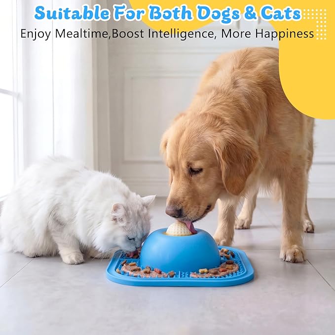 PetsHome Slow Feeder Dog Bowls & Lick Mat for Liquid and Thick Treat, Anti-Slip Dog Lick Bowl with Interactive Rolling Ball, 5/6 Cup Pup Licking Toy for Large Medium Small Dogs and Cats Blue