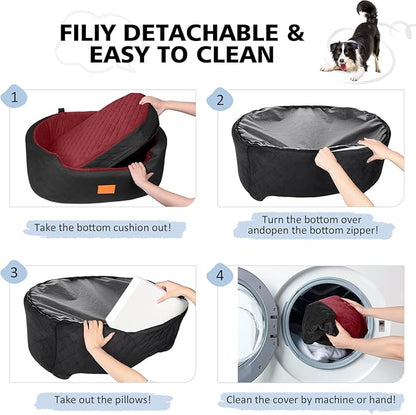 Dog Car Seat for Medium Dogs Up to 50 lbs, Pet Booster Seat for Cars SUVs and Trucks, Washable and Detachable Dog Car Bed with Safety Strap, Thick Cushion, Non-Slip Base (Black/Red)