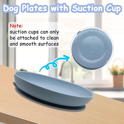 Silicone Dog Bowl Set of 2-7.7in No Spill Puppy Food and Water Dish Less Mess Cat Plates with Suction Cup Non-Tippable Feeding Bowls for Small & Medium-Sized Pets (Round Blue)