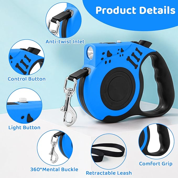 Retractable Dog Leash with USB Rechargeable Flashlight for Night Walks, 16FT Automatic Telescopic Tractor Dog Leash for Small and Medium Dogs, Light Blue