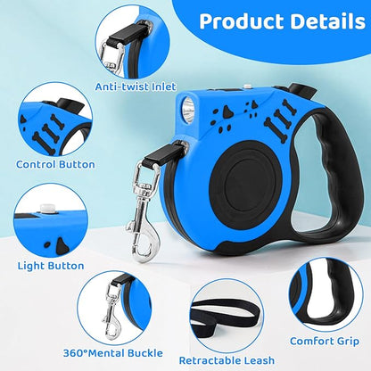 Retractable Dog Leash with USB Rechargeable Flashlight for Night Walks, 16FT Automatic Telescopic Tractor Dog Leash for Small and Medium Dogs, Light Blue