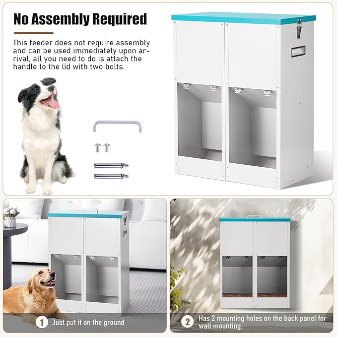 Gravity Automatic Dog Feeder for 2 Dogs - No Assembly Required, 46Lbs Capacity, Galvanized Metal Self Feeding Dog Food Dispenser, Double Pet Feeder for Outdoor and Indoor Use