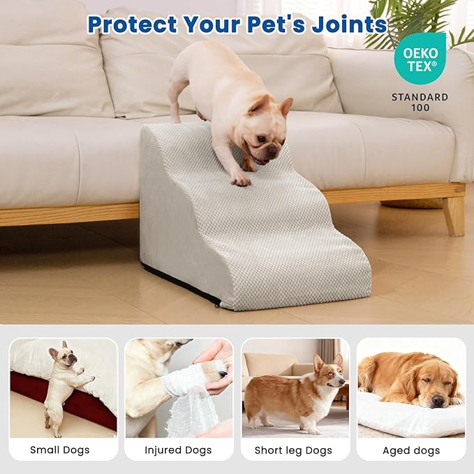 Dog Stairs for Small Dogs and Cats – 3 Step Pet Ramp for Couch & Sofa, Non-Slip Dog Steps for Pets, Washable Cover, High-Density Support Foam for Easy Climbing,Light Grey