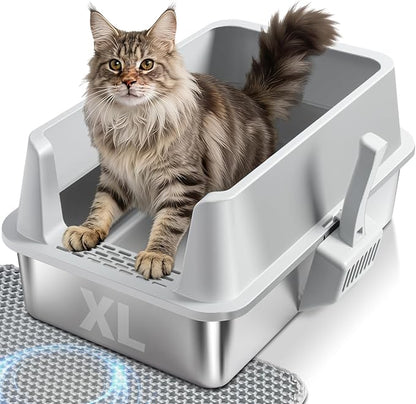 Stainless Steel Cat Litter Box with Lid, XL Metal Litter Box High Sided, Odor-Free/Anti-Urine Leakage & Non-Stick, Extra Large Litter Box with Mat & Scoop for Multiple/Big Cats, Easy Cleaning (Grey)