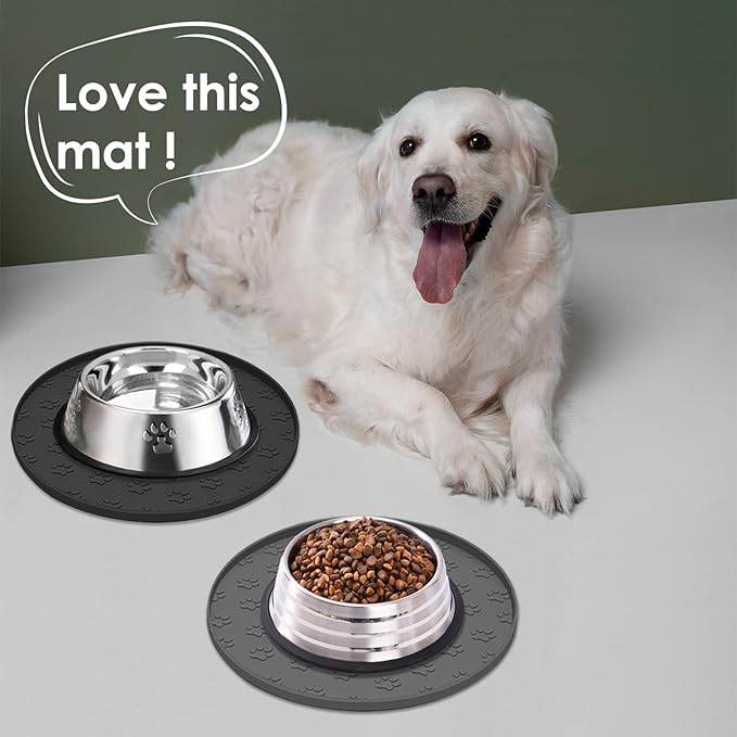 Pet Feeding Mats for Food and Water, Waterproof Anti-Slip Placemats for Dog Cat Bowl, 1 Pack Silicone Pet Food Mat, Dishwasher Safe 10.9 × 10.9 (1 Pack, Grey)