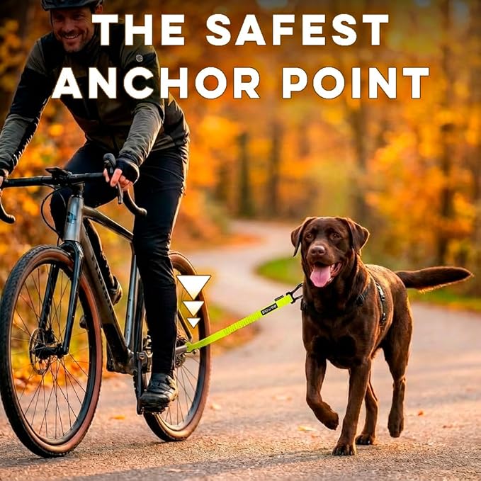 BIKE AND DOG - Dog Leash and Harness for Bicycle, Harness with 3 Rings, 2 are Sides, Includes 2 Special Cable Ties for Bicycle. Patented. (Fluorescent Yellow, Leash)