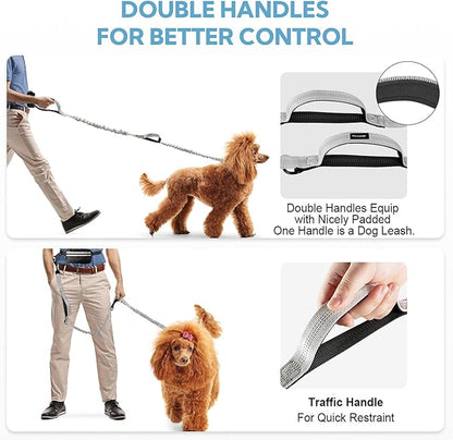 Hands Free Dog Leash, Waist Leash for Dog Walking,Running, Adjustable Waist Belt with Double Padded Handles, No Pull, Grey