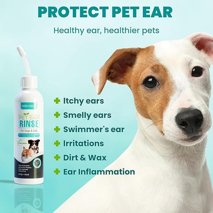 Dog Ear Cleaner, Dog Ear Care Liquid, Dog and Cat Ear Cleaner to Eliminates Ear Odour, Dirt and Debris Pet Ear Cleaner Solution,Remove Wax, Dirt & Stop Smelly, Itchy, Non-Irritating, 4 Fl oz