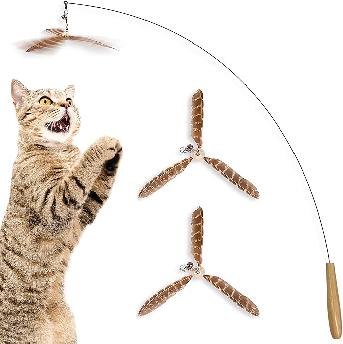 SunGrow Brown Feather Wand, Interactive Indoor Cat Toy with 1 Fishing Pole (34”) and 3 Feather Teasers (7”), Flexible Rod, Feline Fitness and Entertainment, 1 Set Per Pack  