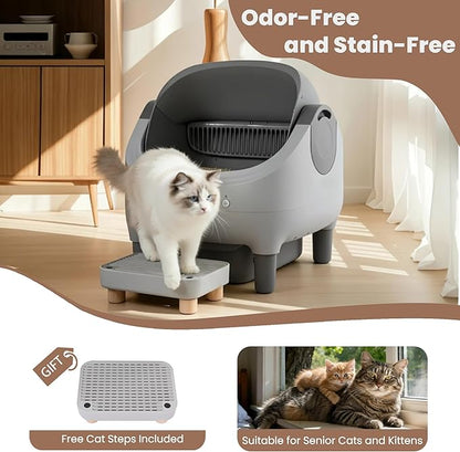 Upgraded Automatic Litter Box with Raised Step, Large Capacity Self Cleaning Litter Box for Multiple Cats with Open Top Design, Safety Protection, Smart App Control, Odor-Free & Health Monitoring