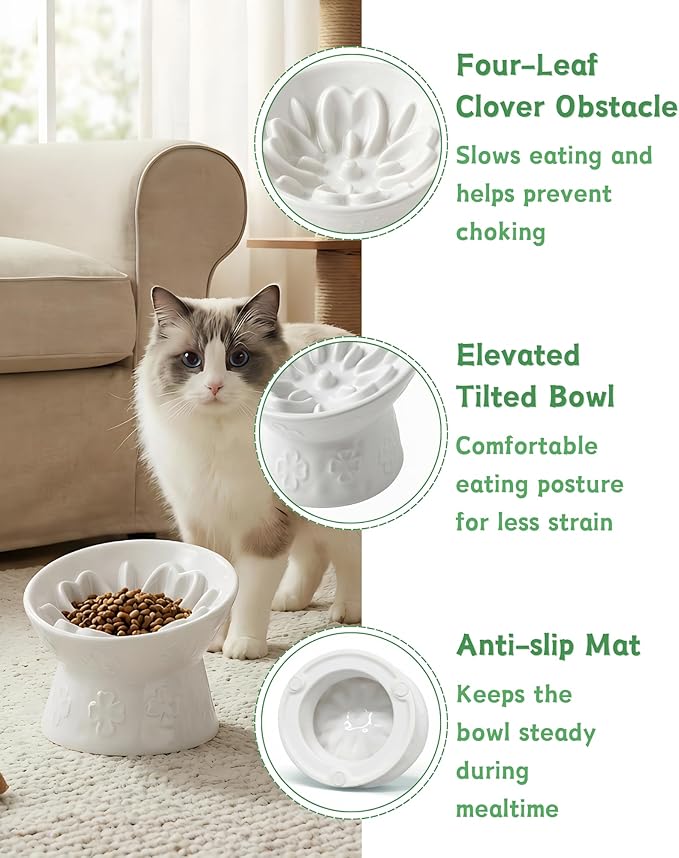 TRUVIC Ceramic Slow Feeder Cat Bowl, 15° Tilted Elevated Cat Slow Eating Bowl for Neck Protection, Anti Vomiting Dog Slow Feeder, Whisker Friendly & No Black Chin for Cats and Small Dogs, White