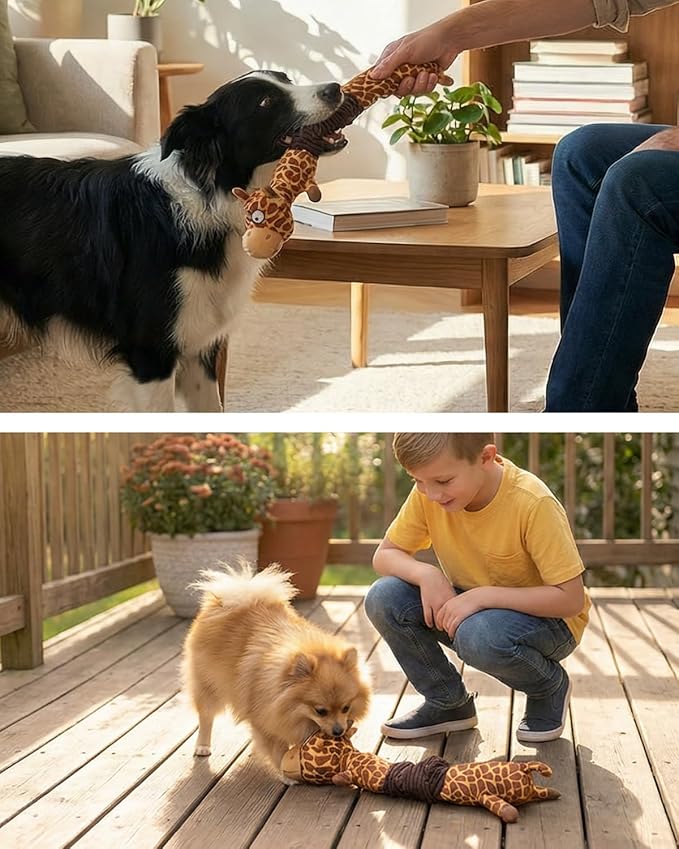 3-in-1 Squeaky Dog Toys for Chewers, Dual Squeaker, Crinkle Sound, Stretchy Spring Band - Durable Interactive Plush Puppy Toys for Boredom, Small Medium Large Breed (Giraffe)