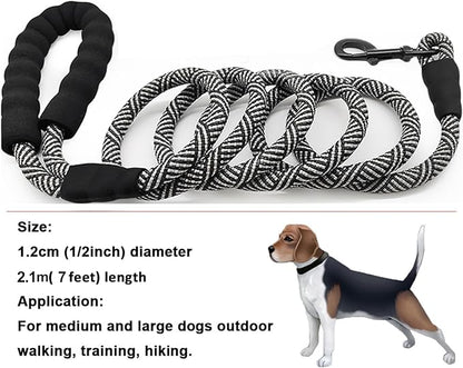 MayPaw Rope Dog Leash 3/4/5/6/7/8/10/12/15/20/30 FT, Heavy Duty Nylon Pet Leash, Soft Padded Handle Thick Lead Leashes for Large Medium Dogs (Black, 1/2" * 7')