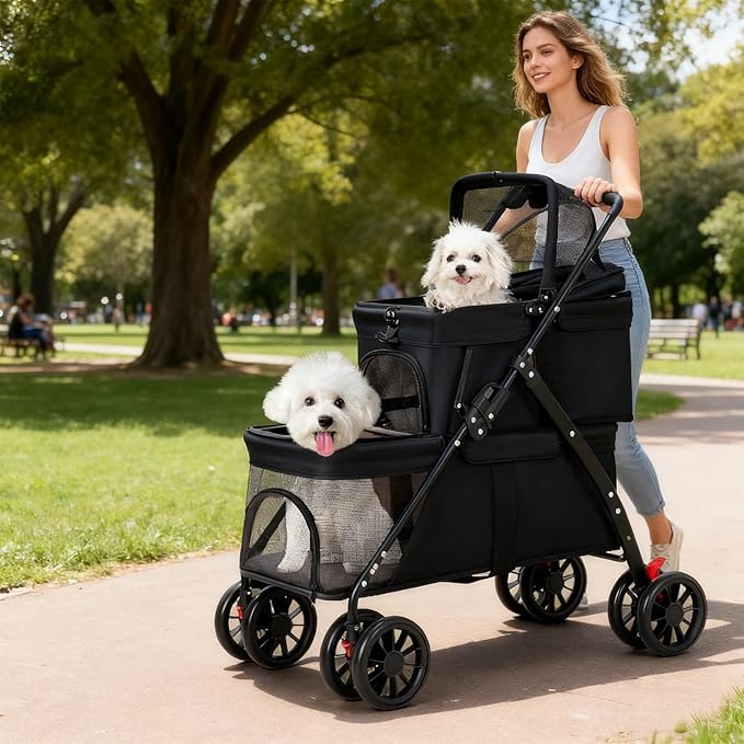 Double Dog Stroller for Medium Small Dogs and Cats Load-Bearing Up to 50lbs, Durable 360° Universal Wheels Lightweight One Hand Foldale Kittens Puppies Travel Stroller Cart(Double)