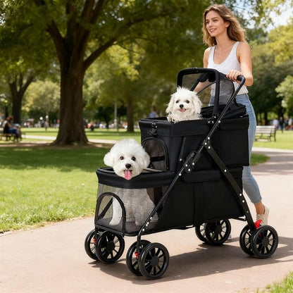 Double Dog Stroller for Medium Small Dogs and Cats Load-Bearing Up to 50lbs, Durable 360° Universal Wheels Lightweight One Hand Foldale Kittens Puppies Travel Stroller Cart(Double)
