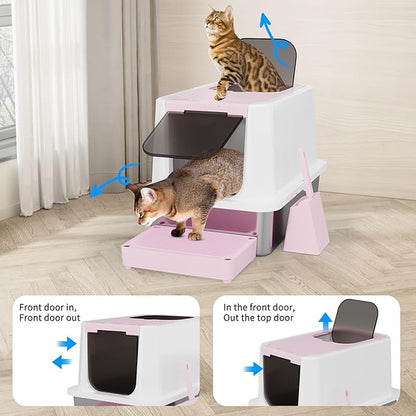 RIZZARI Enclosed Cat Litter Box: Large Top & Front Entry - High-Sided Anti-Scatter Design - Stainless Steel Odor Control - Easy Clean Teflon Non-Stick Coating- Pink Litter Pan - Entryway/Closet Nook